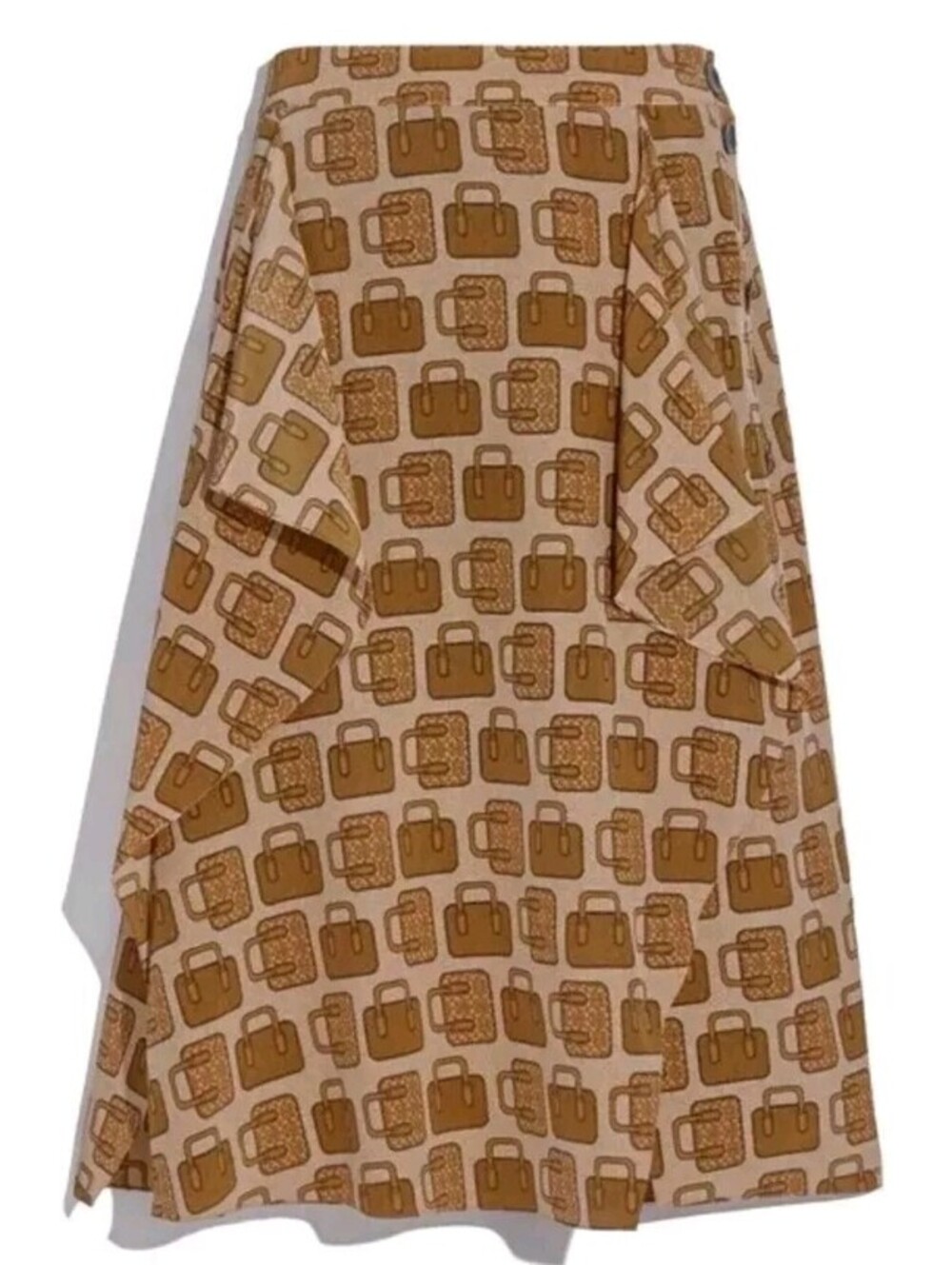 Coach Size 4 Brown Beige Bag Print Draped Midi Skirt